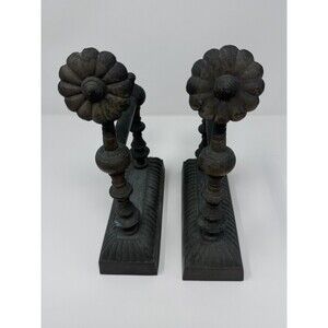 Antique Brass Fireplace Tool Rests (2) Decorative Hearth Flower Patina India
